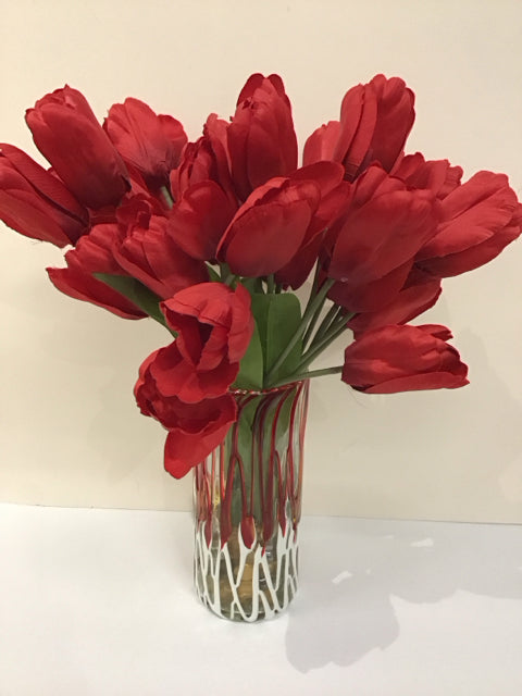 Red Silk Tulips in Red/White Drip Art Glass Vase