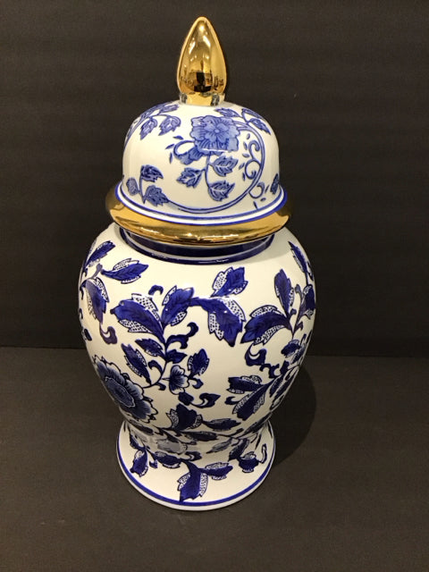 15" Blue/White Painted Urn w/Gold Accents