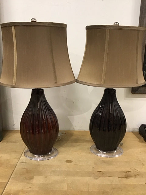 Pair Of 27" Brown Ribbed Ceramic Table Lamps