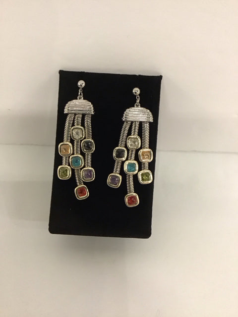 Silver Dangling Earrings w/Multicolor Stones