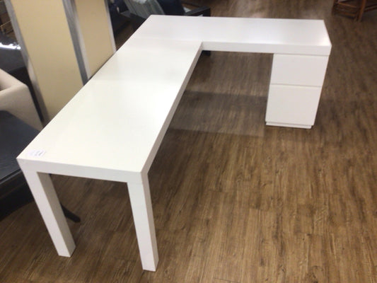 86" Parsons L Shaped White Lacqured Desk W/File Cabinet
