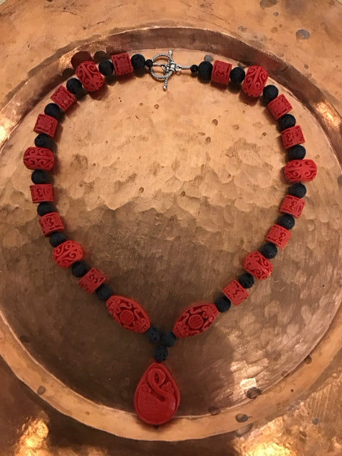 Red Carved Cinnabar W/Black Beads Necklace