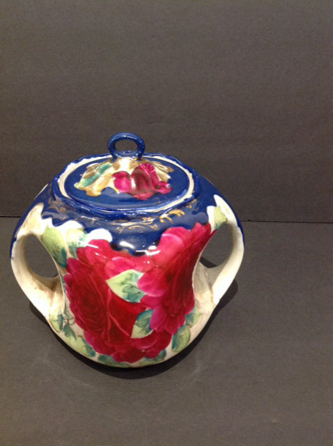 6" Blue/Red Painted Porcelain Urn w/Handles