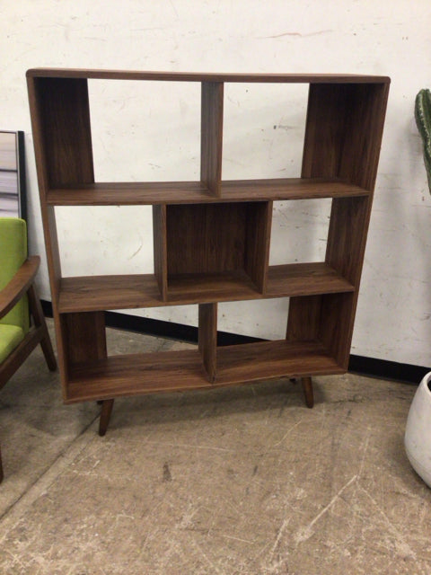 AS-IS Modway Transmit Mid-Century Offset Cube Faux Wood 7 Tier Walnut Bookcase