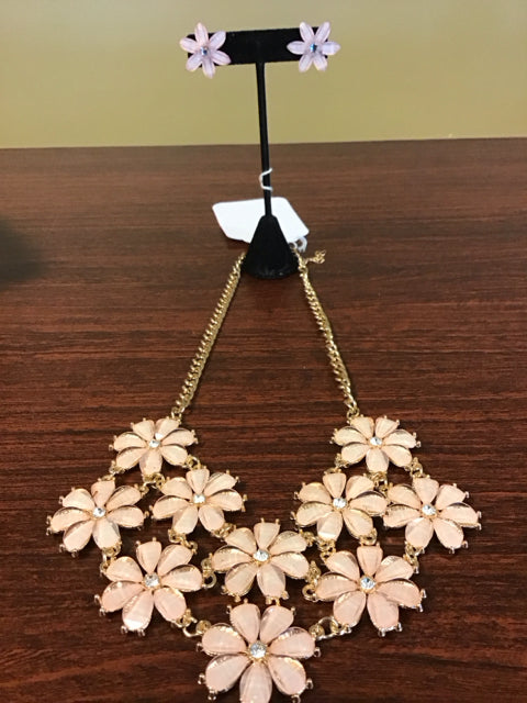 2 PC Pink Floral Earrings & Necklace Set