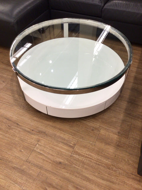 39" White Round & Chrome Glass Top Coffee Table