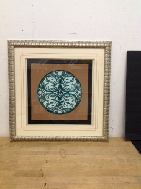 22" Sq Framed Teal Medallion Pattern Print