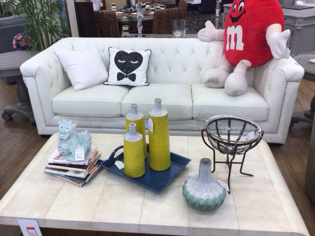 White Vinyl Tufted Sofa W/Silver Nailheads