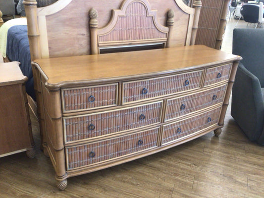 TB Style Seven Drawer Light Wood & Rattan Dresser W/Mirror
