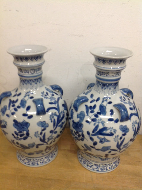 Vase- 14" Pair Of Blue & White Ceramic Vases