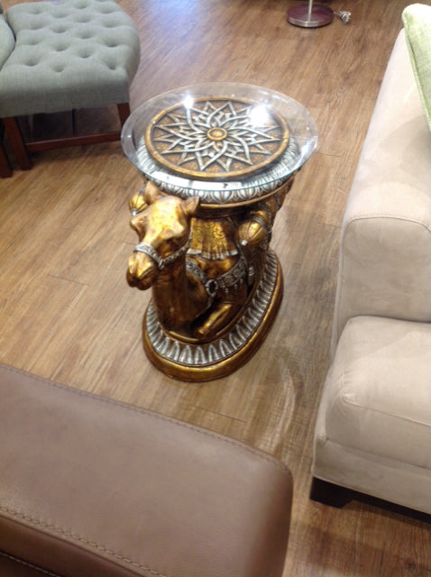 Gilt Resin Camel & Glass Accent Table