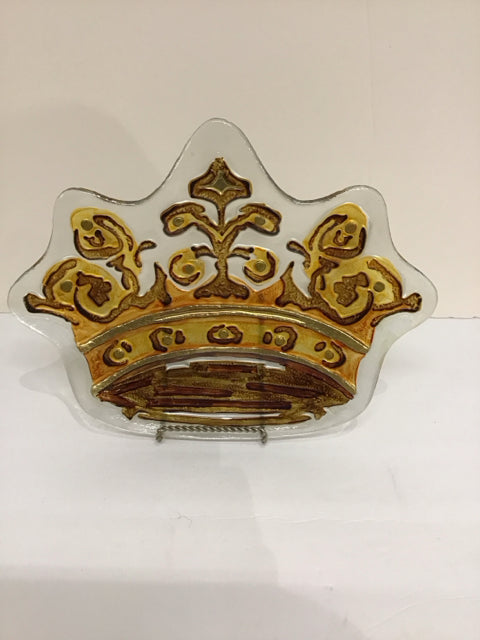 Gold Art Glass Crown Shape Plate w/Stand