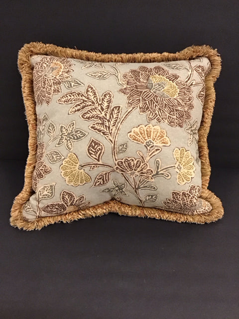 Grey Pillow w/Floral Design & Fringe