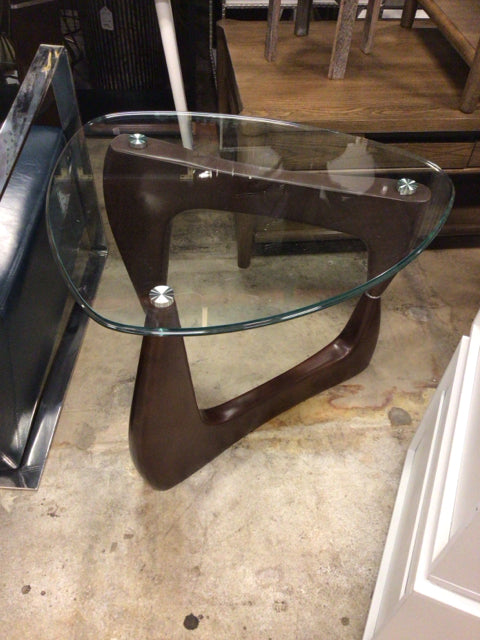 Triangle Glass Top Wood End Table