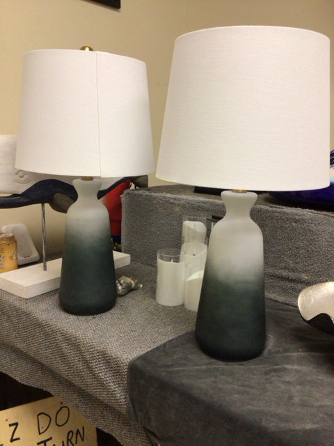 Pair Of Blue Glass Table Lamps W/Shades
