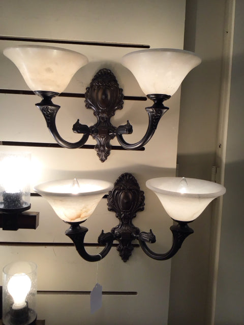 Pair Ornate Double Armed Bronze Tone Sconces