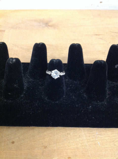 Round Rhinestone Silver Tone Engagement Ring