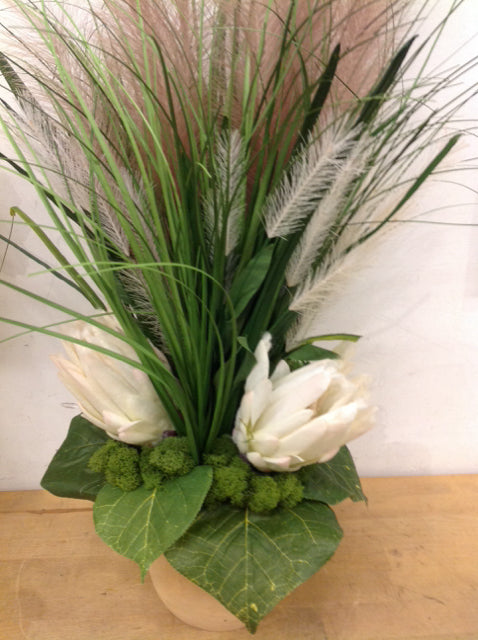 28" Grass & Flowers In Wood Bowl