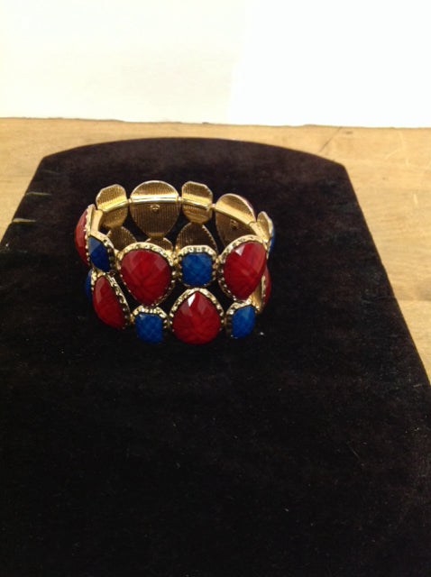 Gold Blue/Red Beads Stretch Bracelet