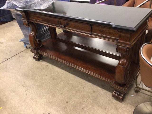 Dark Wood Faux Stone Top One Drawer Console Table