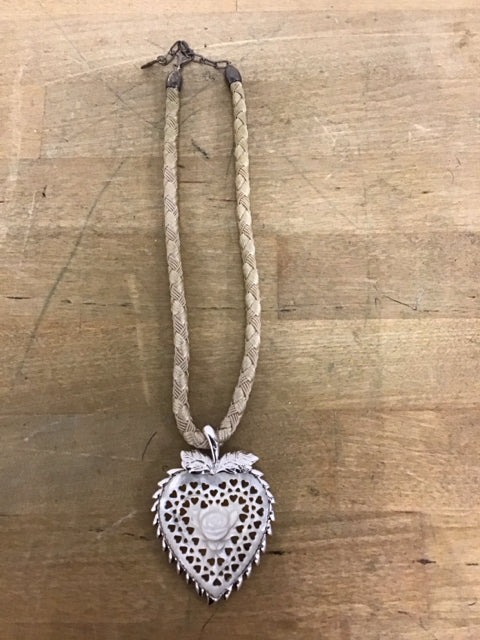 Braded Necklace W/Stone & Silver Heart Pendant