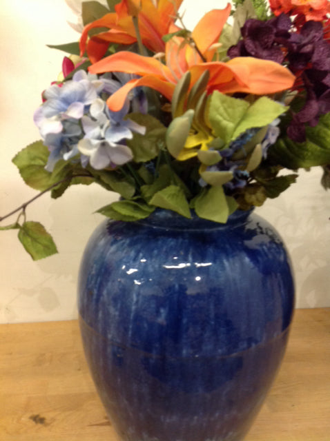 15" Blue Ceramic Vase W Mixed Florals