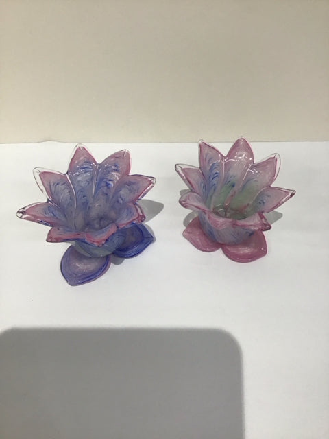 Pair Art Glass Blue/Pink Candle Holders