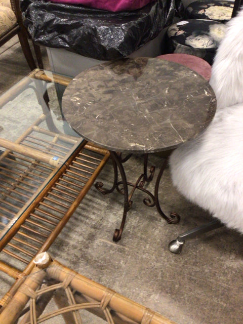 20" Round Grey Stone Top Metal End Table