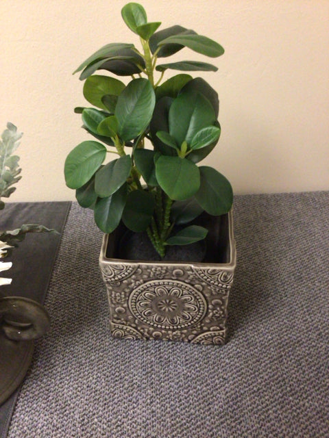 Faux Plant In Ceramic Medallion Planter