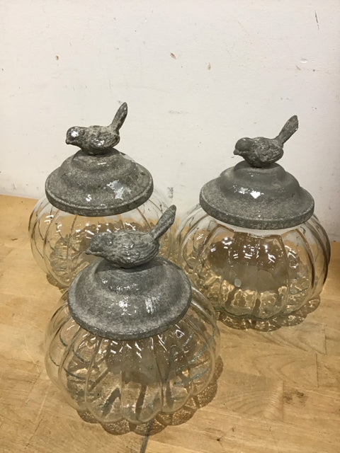 Set Of 3 Scalloped Glass Jars W/Metal Bird Top