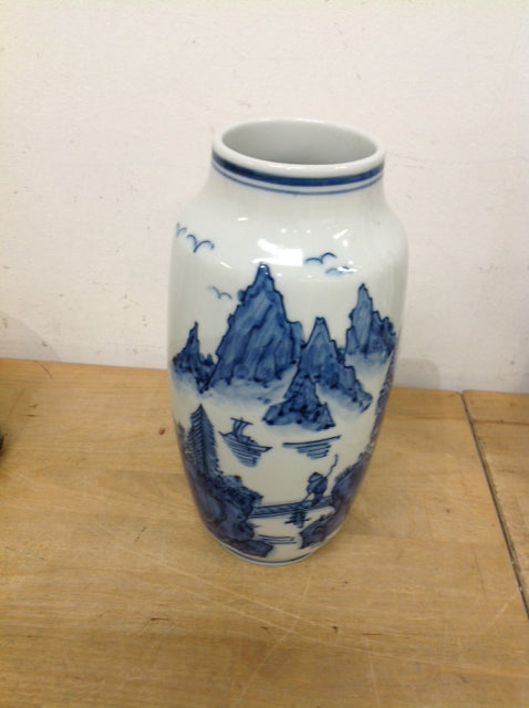 Vase- 10" Asian Blue & White Ceramic