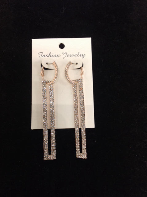 Rhinestone Long Rectangular Rose Gold Tone Earrings