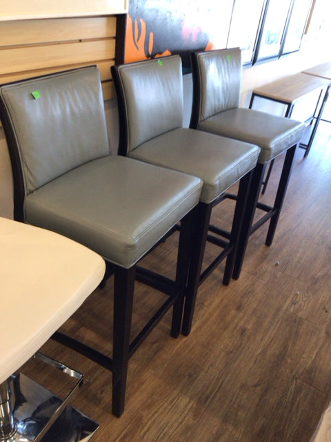 Set Of 3 Grey Vinyl & Wood Bar Stools