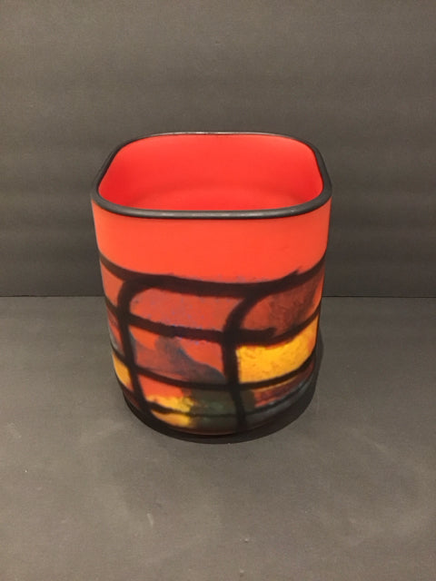 9"H 8.5"Sq Red Frosted Art Deco Glass Vase