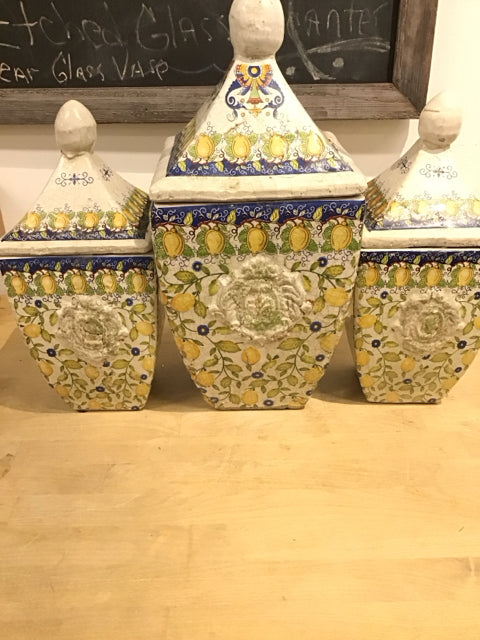 Set Of 3 Blue White Yellow Lemons Jars