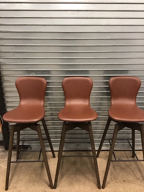 Set Of 3 Mater Shell Brown Leather Swivel Bar Stool