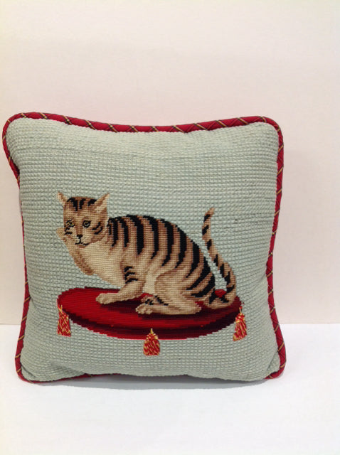 Needlepoint Tabby Cat on Red Tuffet Pillow