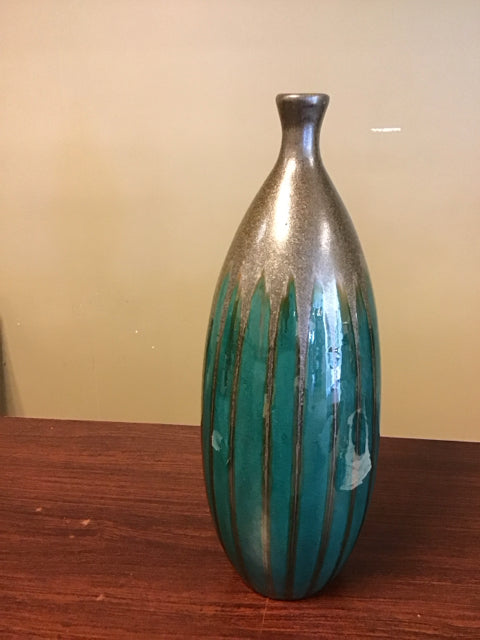 17" Teal & Bronze Glazed Cramic Bud Vase