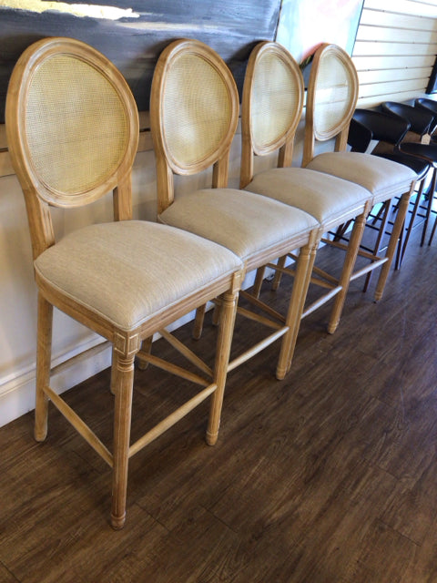 Set Of 4 Noble House Light Wood Rattan Back Bar Stools