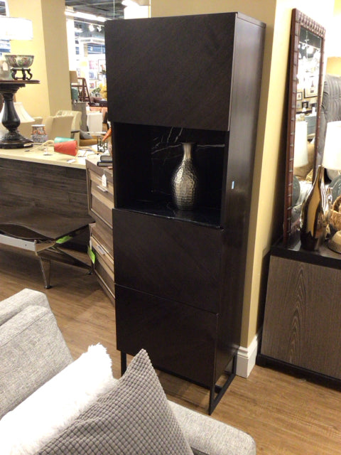 23.5" X 15" X 74" CB2 Suspend Black Marble and Dark Wood Bar Cabinet
