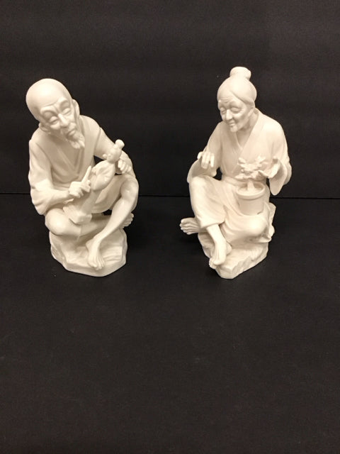 Pair White Porcelain Asian Man & Woman