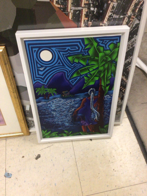 13" X 20" White Framed Female Overlooking Beach Oil Painting On Canvas