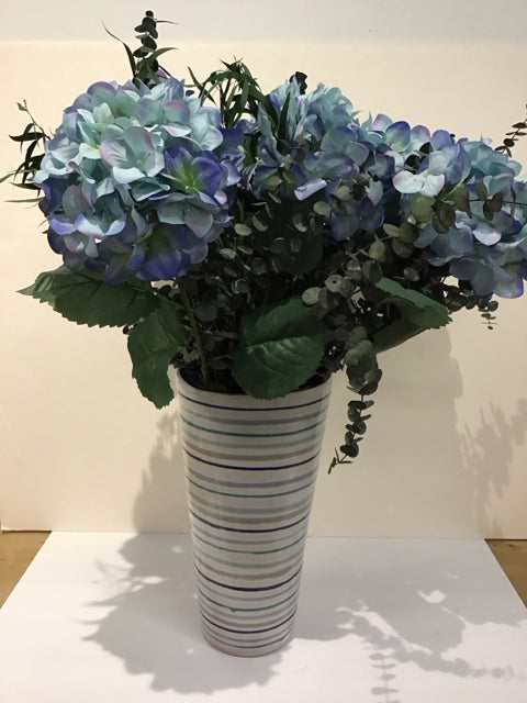 Hydrangeas & Eucalyptus w/Blue/White Planter