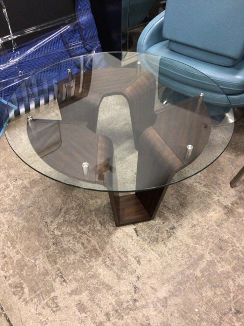 40" Round Glass Top Wavy Wood Base Coffee Table