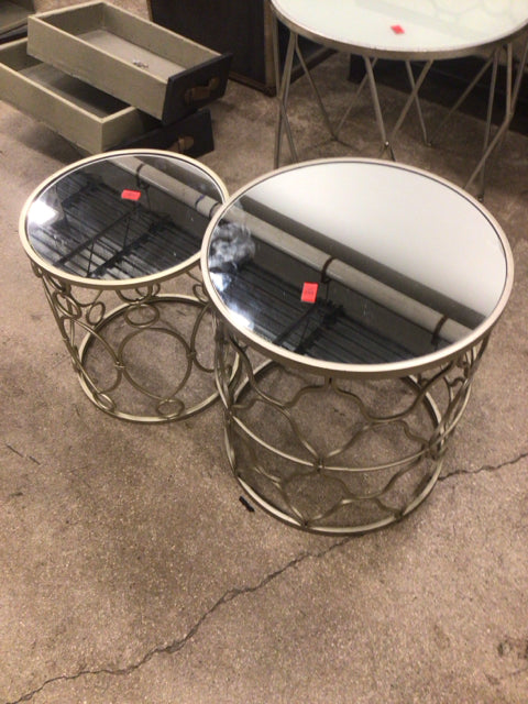 Pair Of 18" & 15" Round Silver Mirror Top End Tables