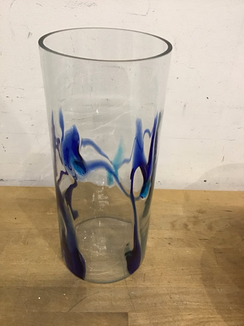 14" Clear Blue Abstract Textured Glass Vase