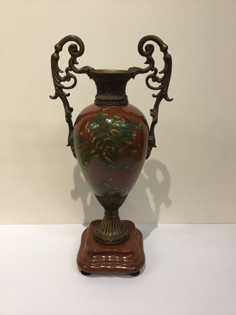 19" Red Painted Bronze Urn w/Floral Decor
