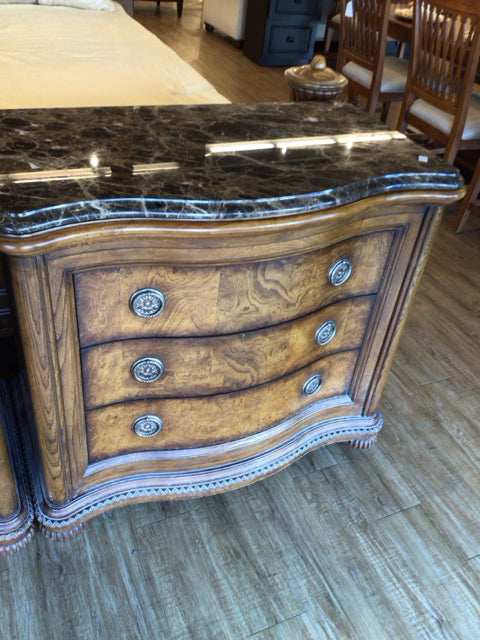Wood Stone Top Three Drawer Bedside Chest