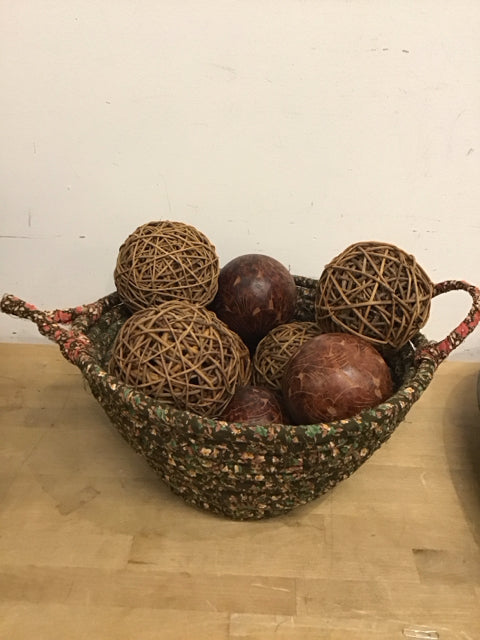 16" Anthropology Floral Woven Basket W/Decorative Balls