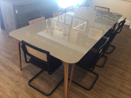 160" X 47" AS-IS Roberta Schilling Micah Glass/Wood Dining Table(Top Scratched)